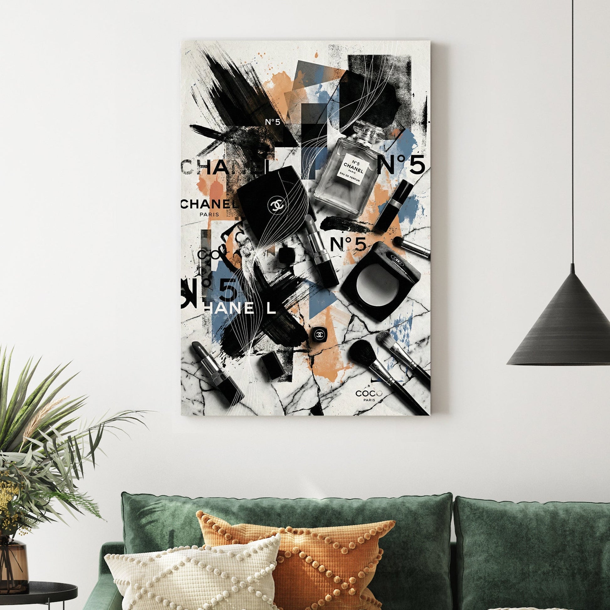 Chanel No. 5 perfume bottle and makeup brushes in a contemporary street art wall art piece.