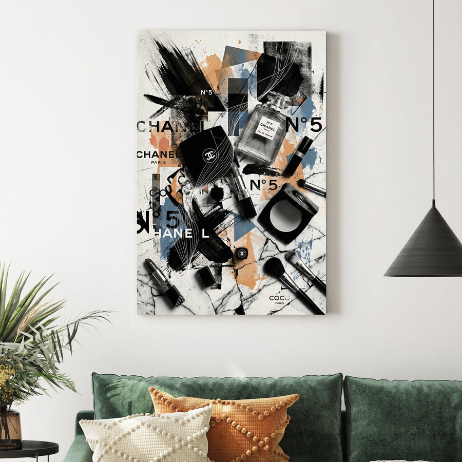Chanel No. 5 perfume bottle and makeup brushes in a contemporary street art wall art piece.