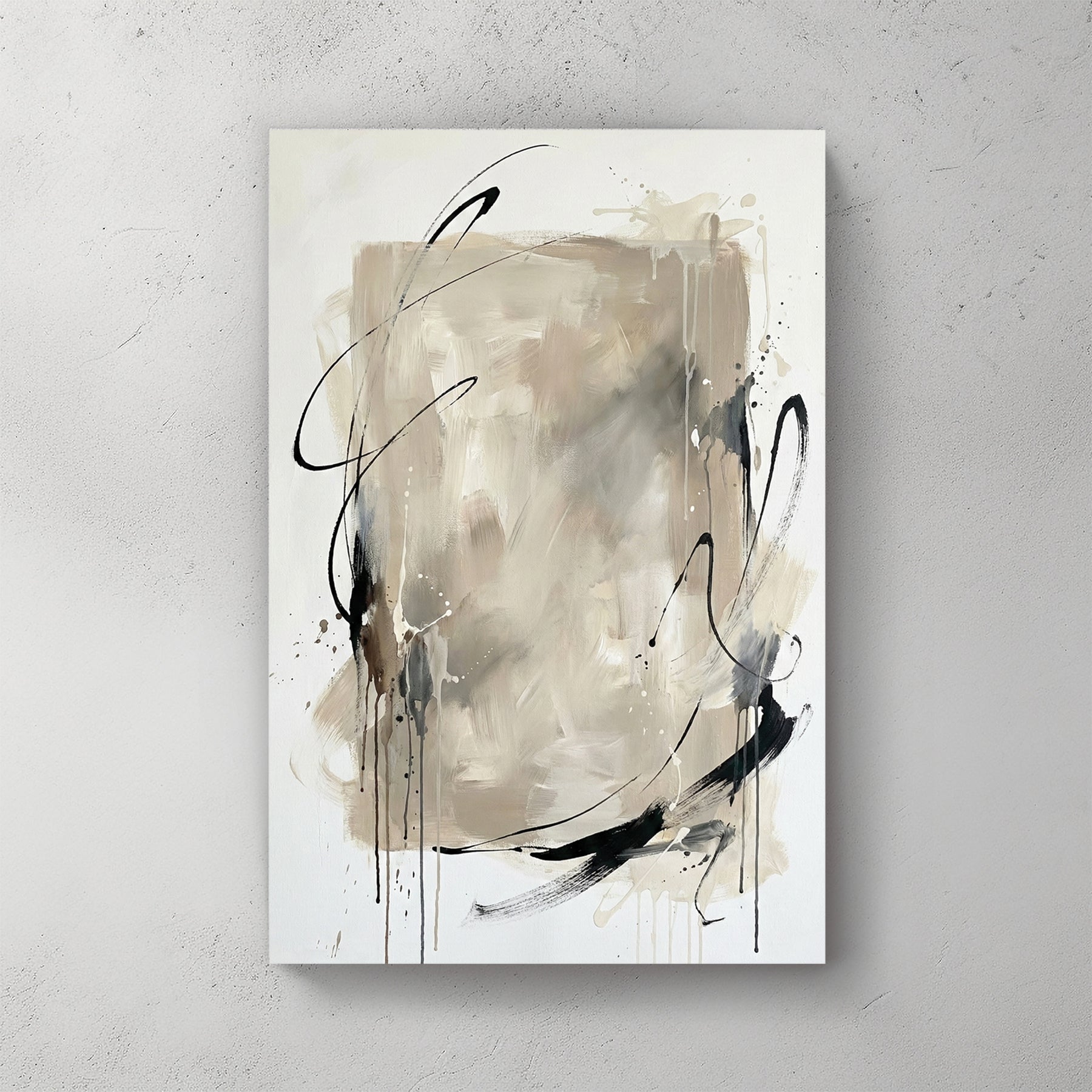 Neutral abstract wall art with black gestural lines and beige layered tones on white.