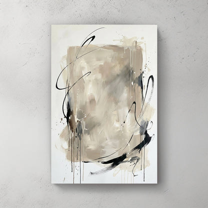 Neutral abstract wall art with black gestural lines and beige layered tones on white.