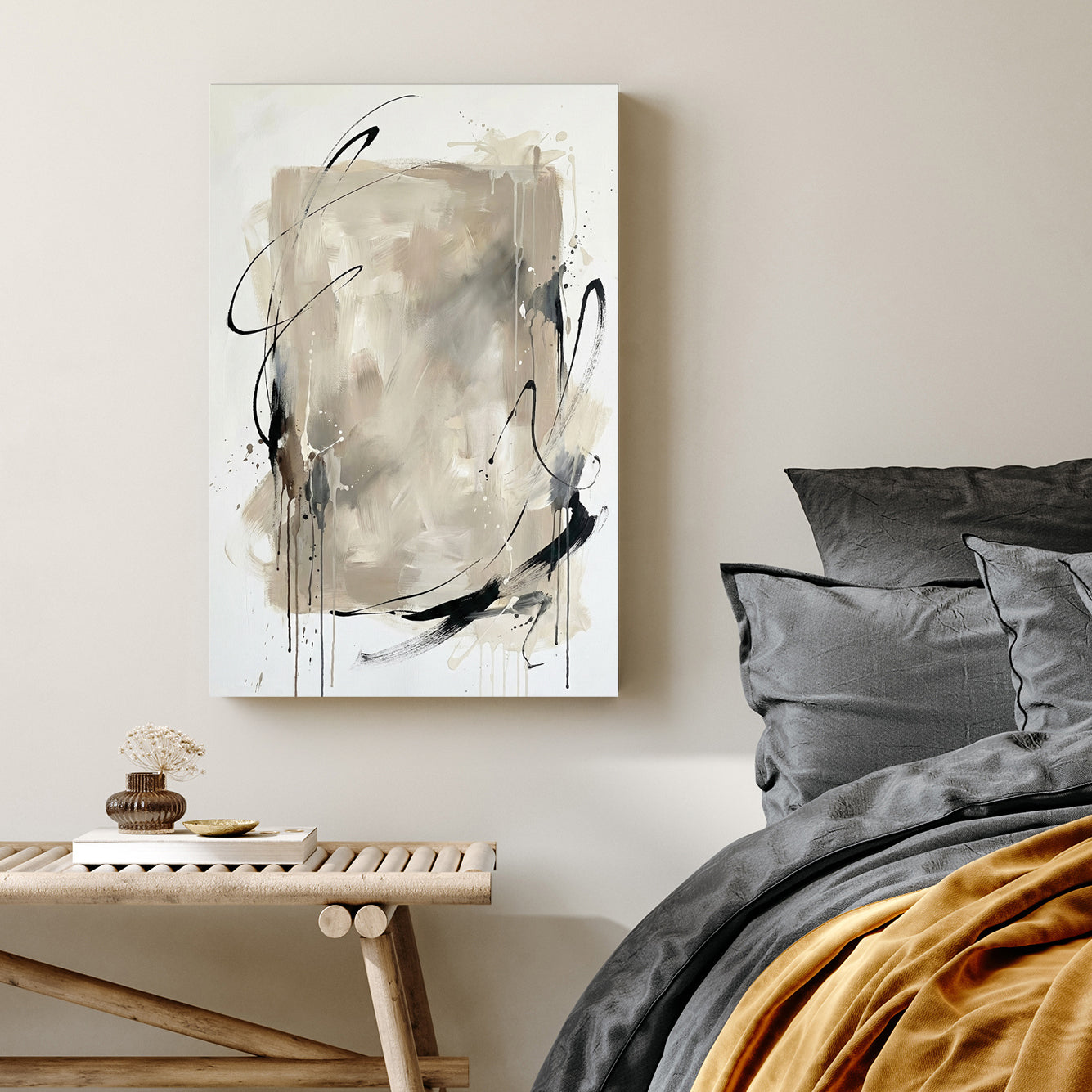 Neutral abstract wall art with black gestural lines and beige layered tones on white.