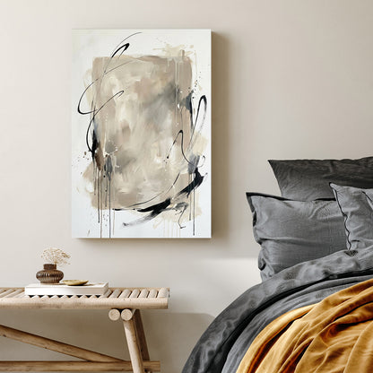 Neutral abstract wall art with black gestural lines and beige layered tones on white.
