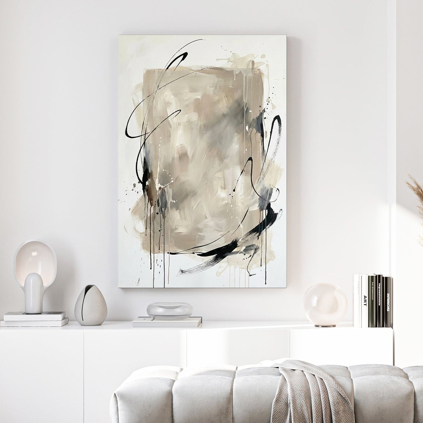 Neutral abstract wall art with black gestural lines and beige layered tones on white.