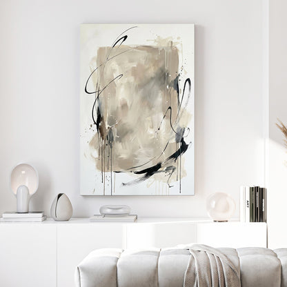 Neutral abstract wall art with black gestural lines and beige layered tones on white.