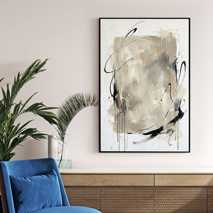 Neutral abstract wall art with black gestural lines and beige layered tones on white.