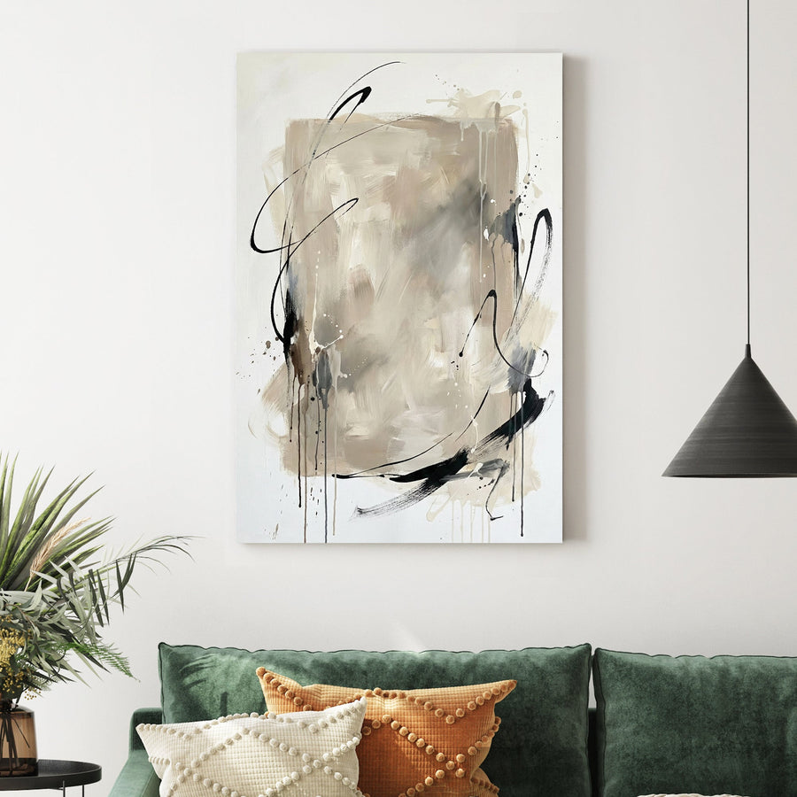 Neutral abstract wall art with black gestural lines and beige layered tones on white.
