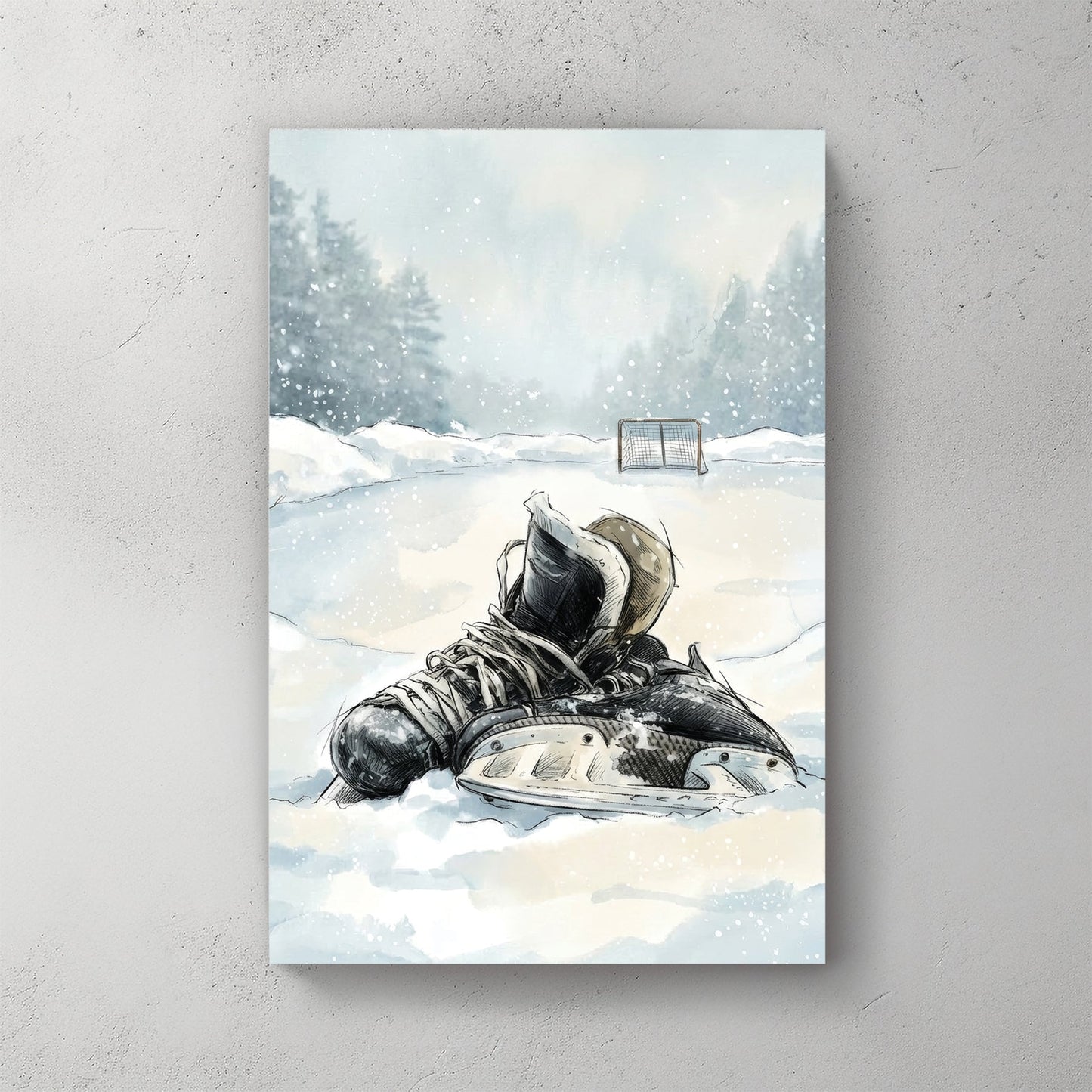 Watercolour hockey skates in snow with winter forest background wall art