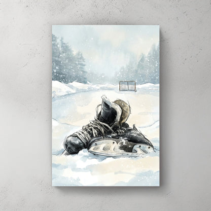 Watercolour hockey skates in snow with winter forest background wall art