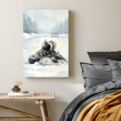 Watercolour hockey skates in snow with winter forest background wall art
