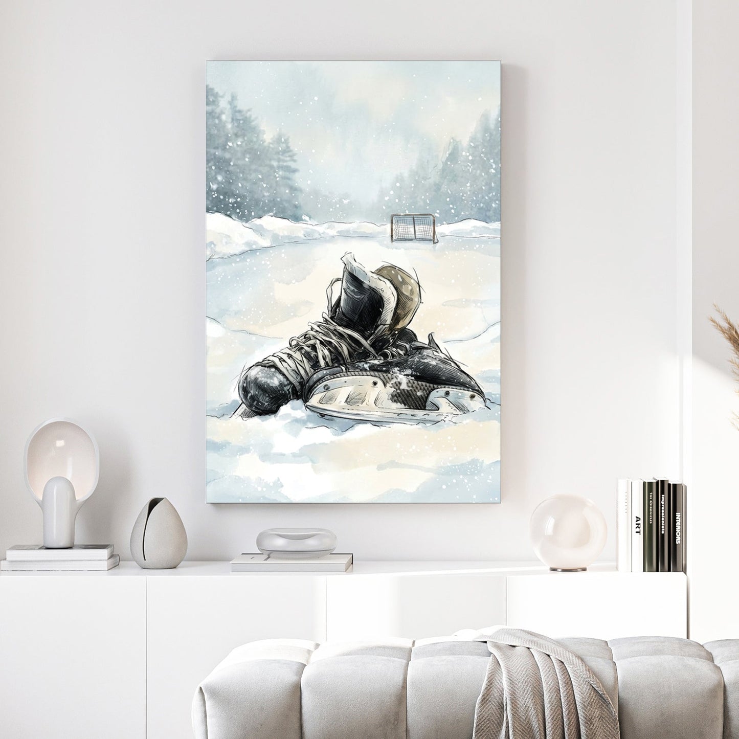Watercolour hockey skates in snow with winter forest background wall art