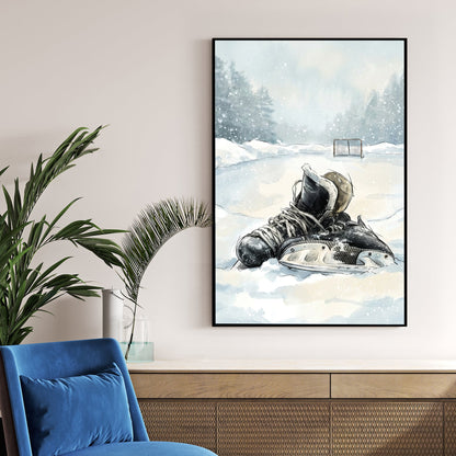 Watercolour hockey skates in snow with winter forest background wall art