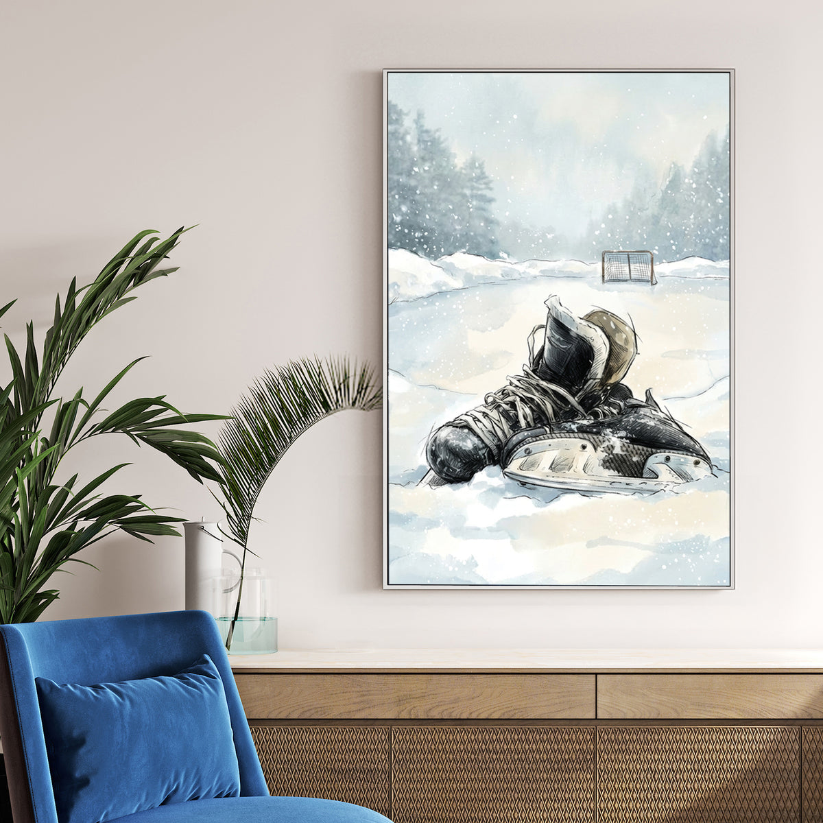 Watercolour hockey skates in snow with winter forest background wall art