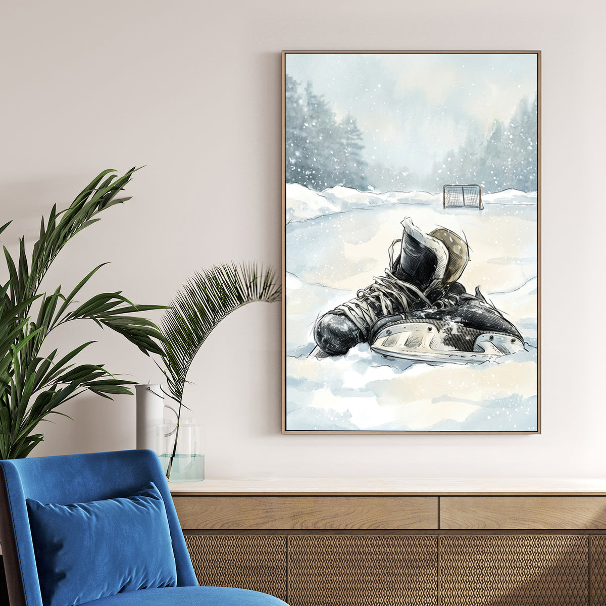 Watercolour hockey skates in snow with winter forest background wall art