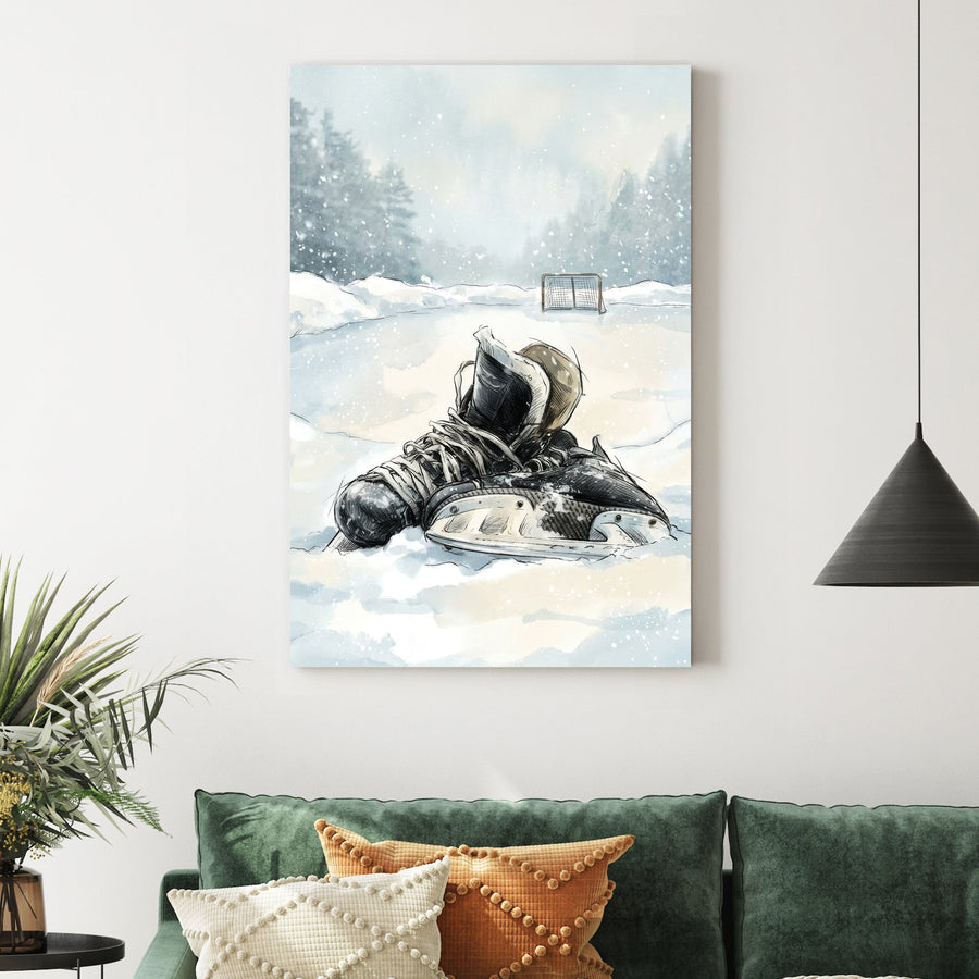 Watercolour hockey skates in snow with winter forest background wall art