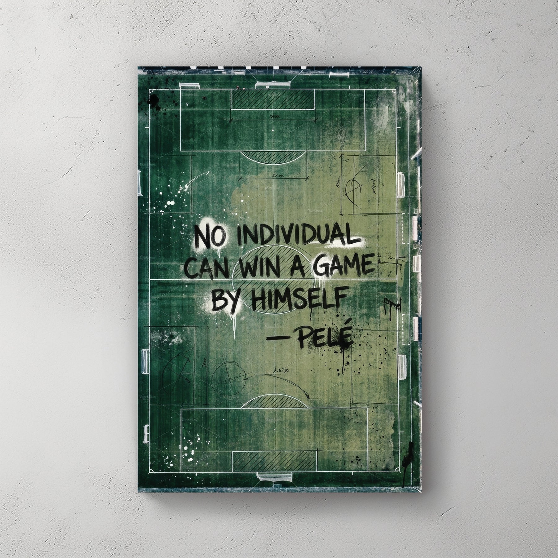 Pelé quote typography on a green football pitch background wall art.