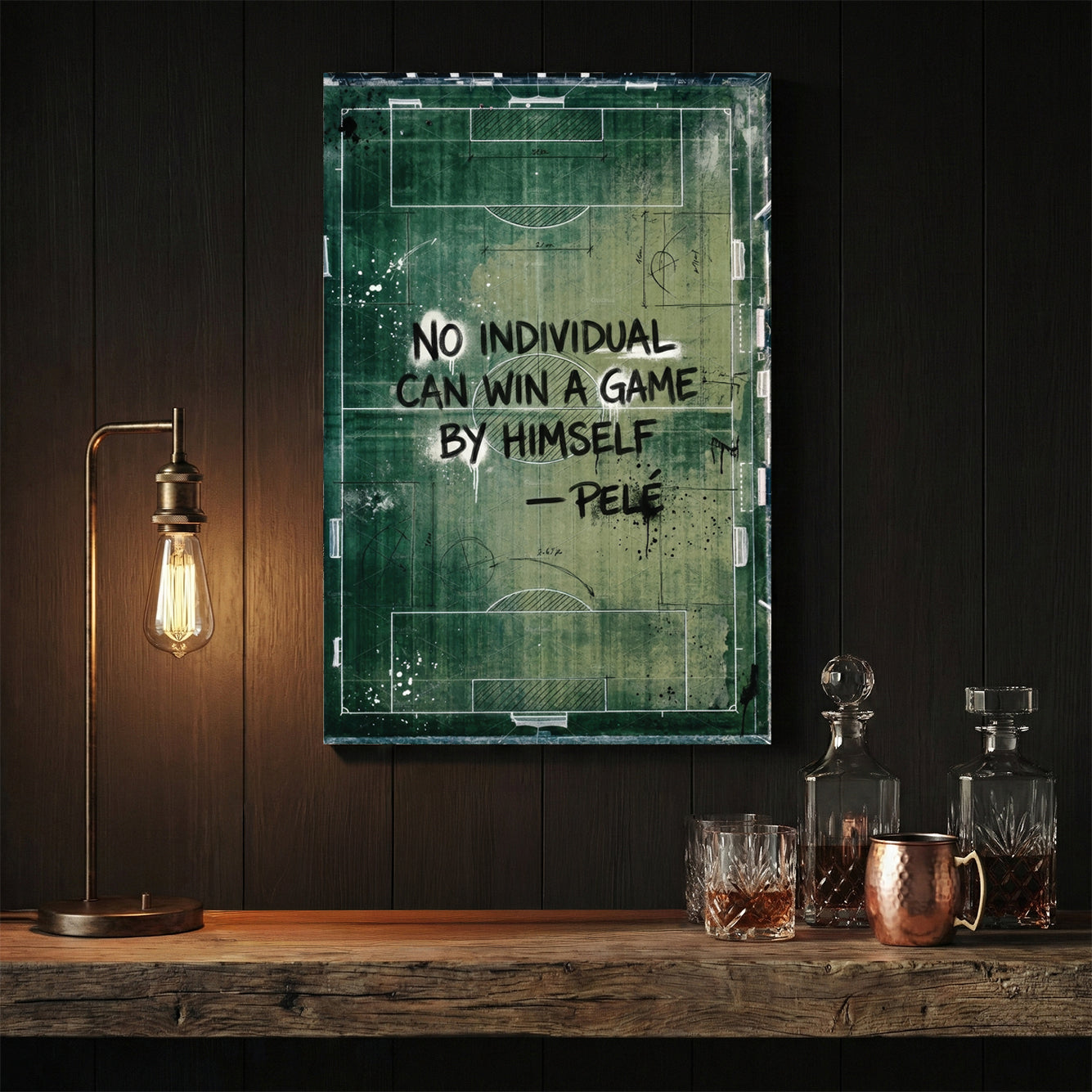 Pelé quote typography on a green football pitch background wall art.