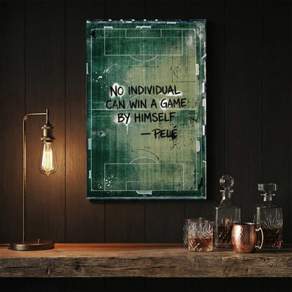 Pelé quote typography on a green football pitch background wall art.