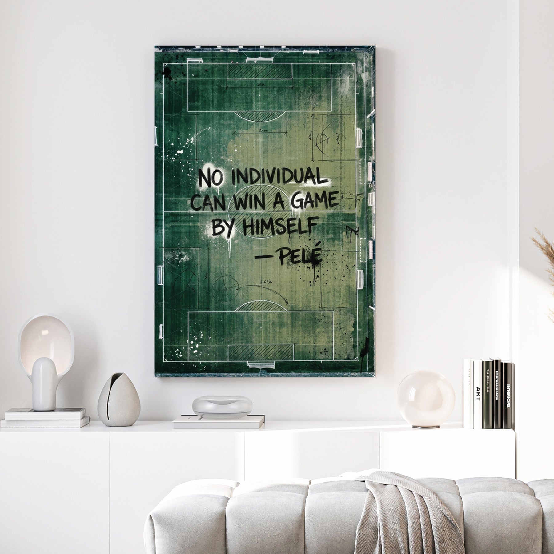 Pelé quote typography on a green football pitch background wall art.