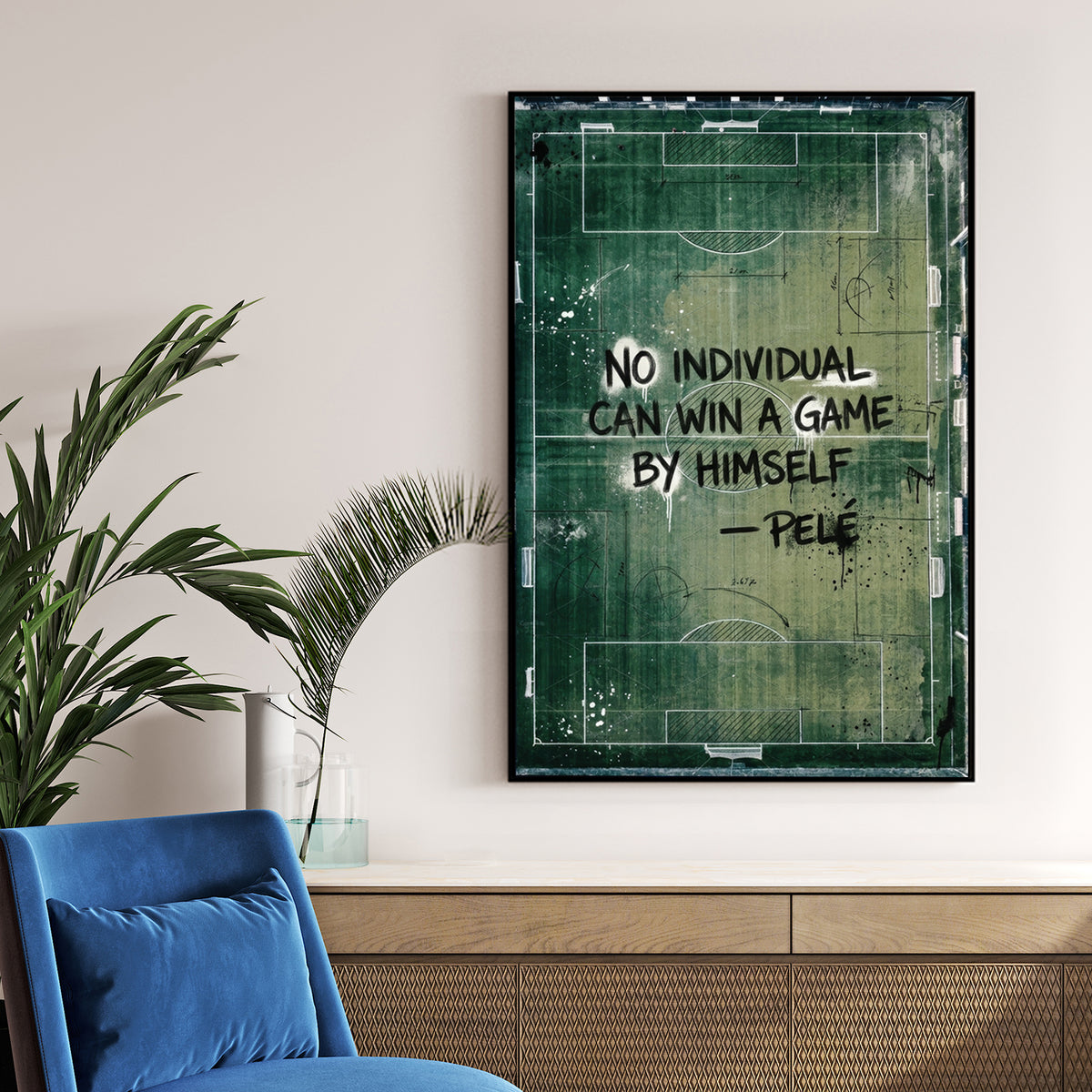 Pelé quote typography on a green football pitch background wall art.