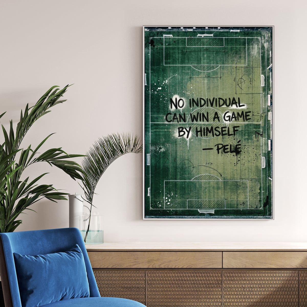 Pelé quote typography on a green football pitch background wall art.