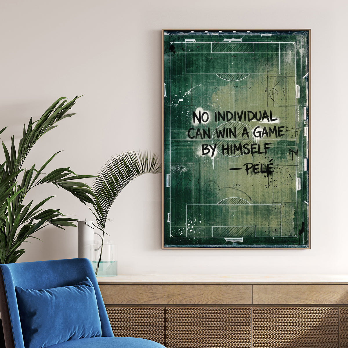 Pelé quote typography on a green football pitch background wall art.