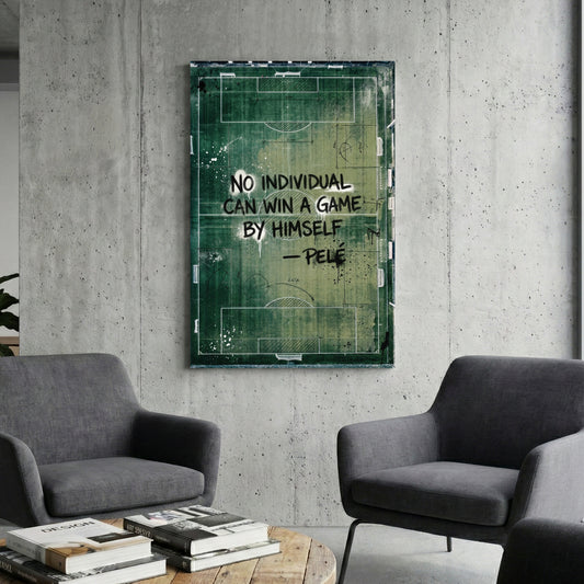 Pelé quote typography on a green football pitch background wall art.