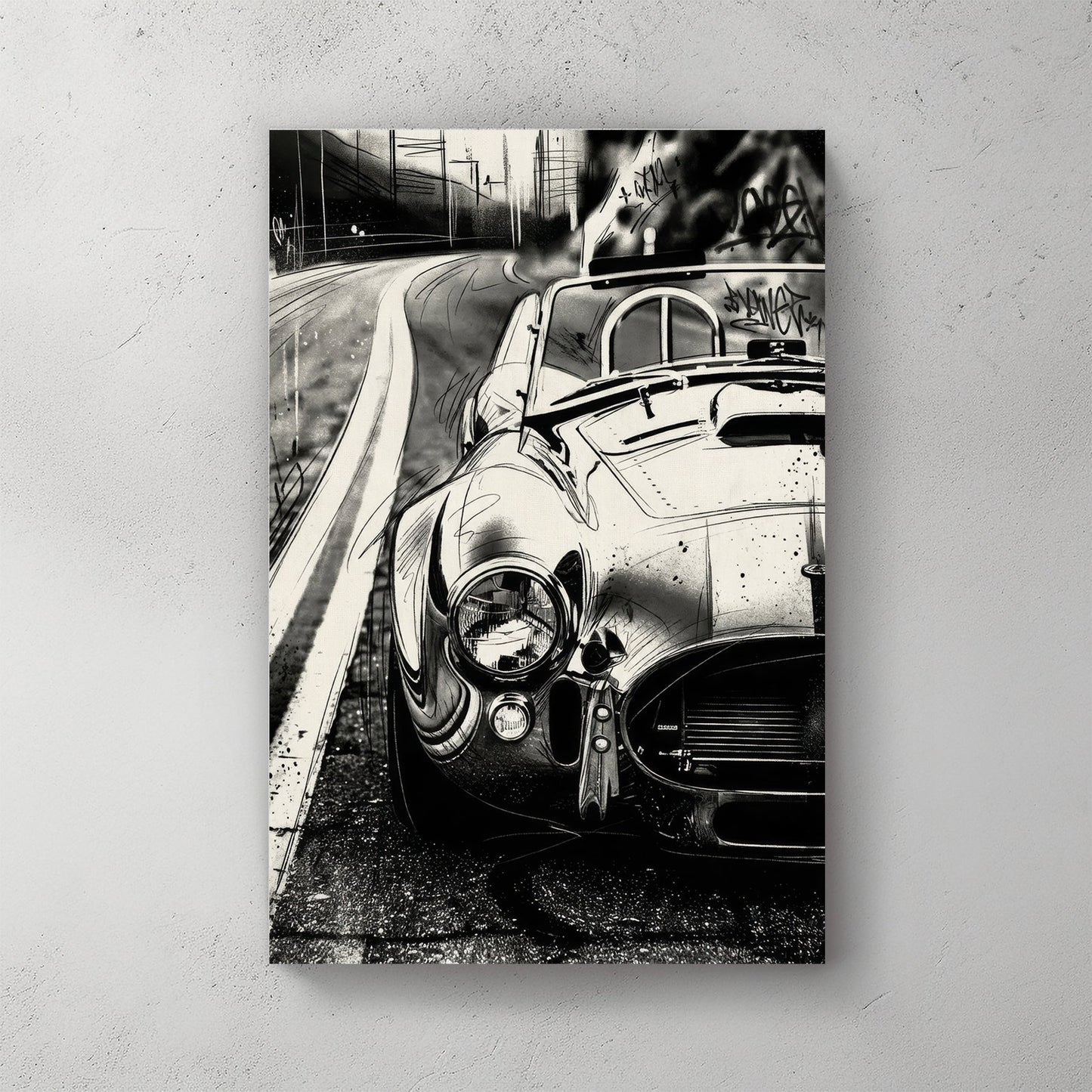 Black and white Shelby Cobra urban street art wall art with graffiti tags.