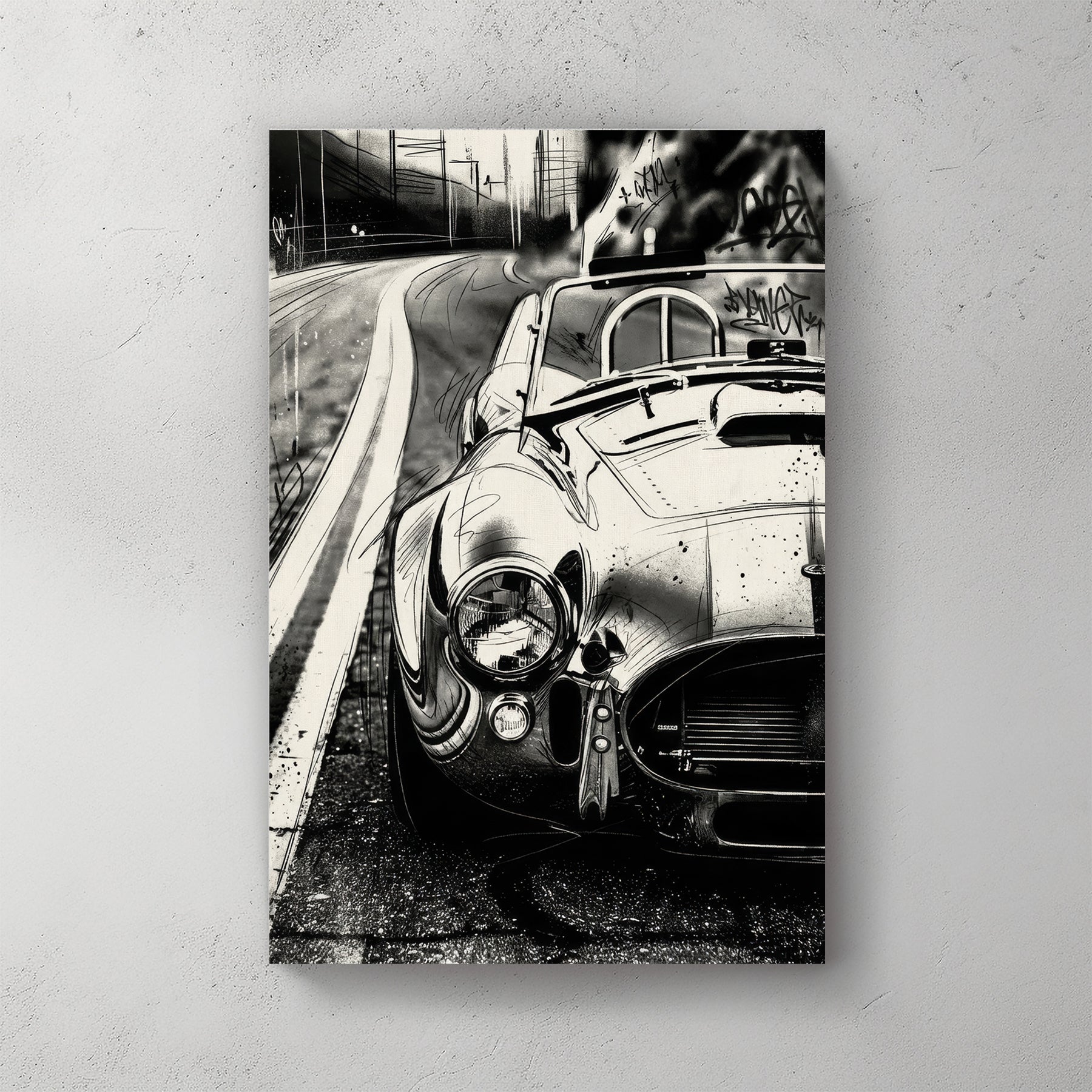 Black and white Shelby Cobra urban street art wall art with graffiti tags.