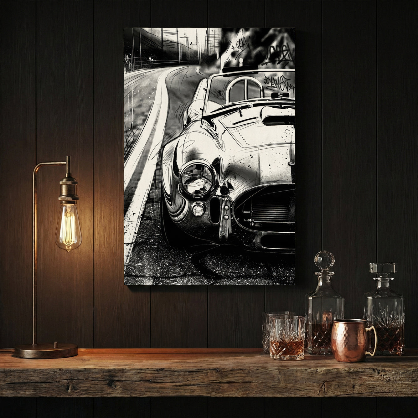 Black and white Shelby Cobra urban street art wall art with graffiti tags.