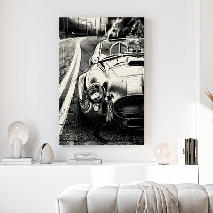 Black and white Shelby Cobra urban street art wall art with graffiti tags.