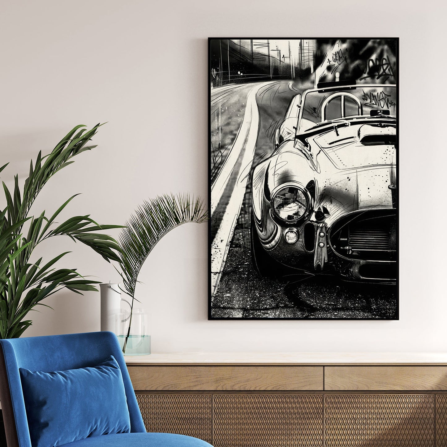 Black and white Shelby Cobra urban street art wall art with graffiti tags.