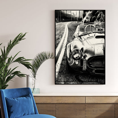 Black and white Shelby Cobra urban street art wall art with graffiti tags.