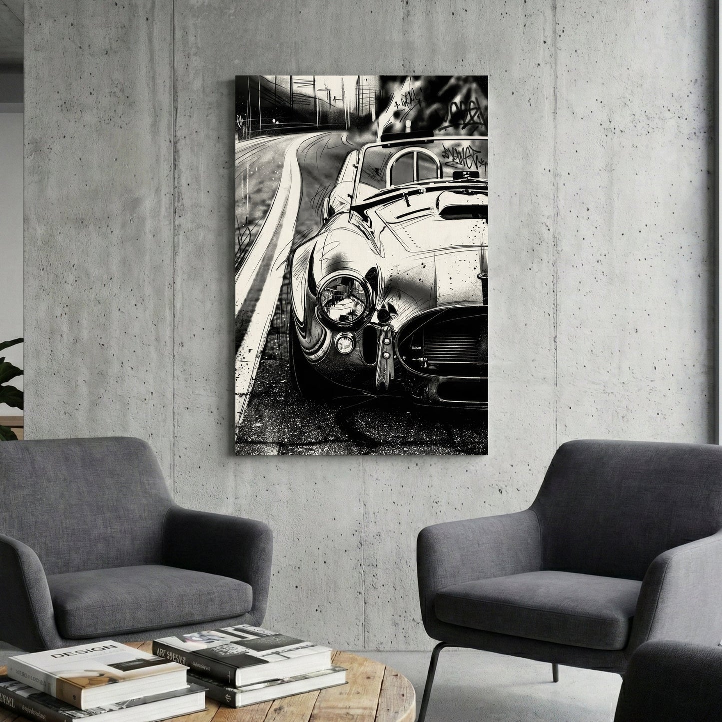 Black and white Shelby Cobra urban street art wall art with graffiti tags.