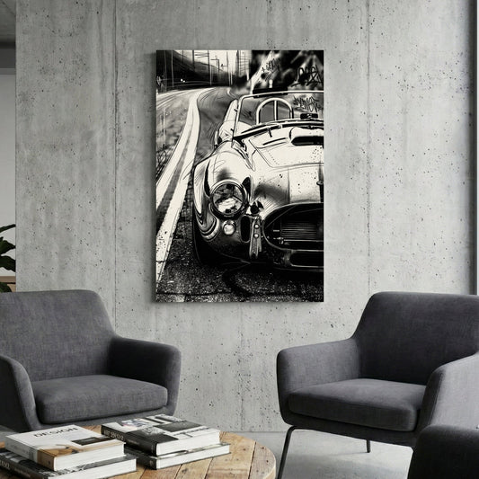 Black and white Shelby Cobra urban street art wall art with graffiti tags.