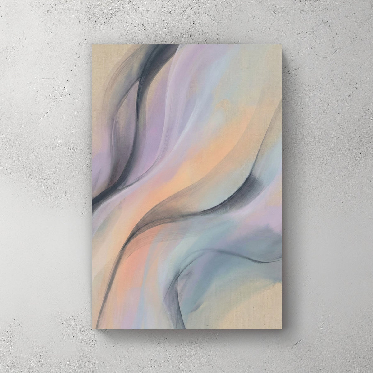 Abstract wall art featuring flowing lavender, peach, and charcoal waves on a beige background.