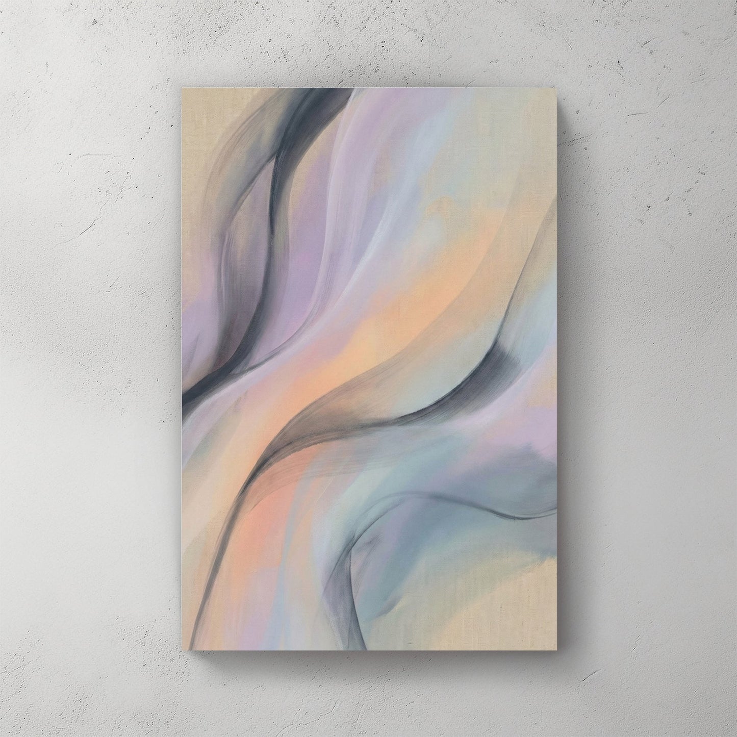 Abstract wall art featuring flowing lavender, peach, and charcoal waves on a beige background.