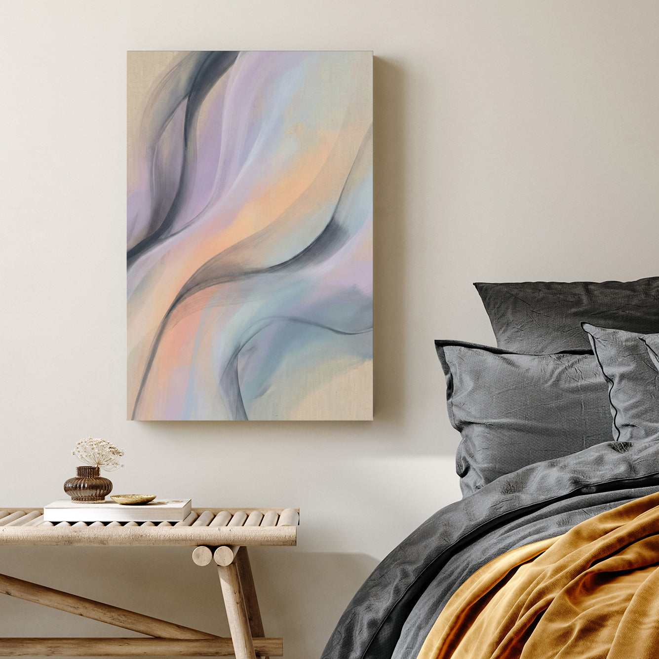 Abstract wall art featuring flowing lavender, peach, and charcoal waves on a beige background.