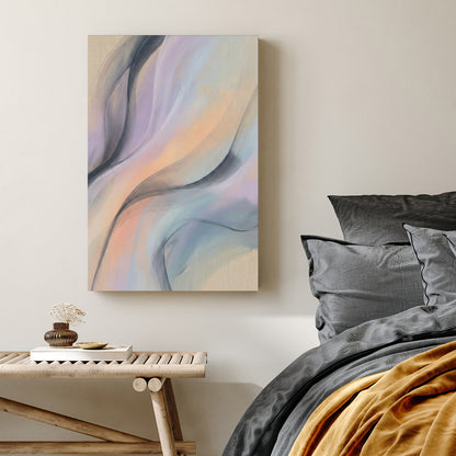Abstract wall art featuring flowing lavender, peach, and charcoal waves on a beige background.
