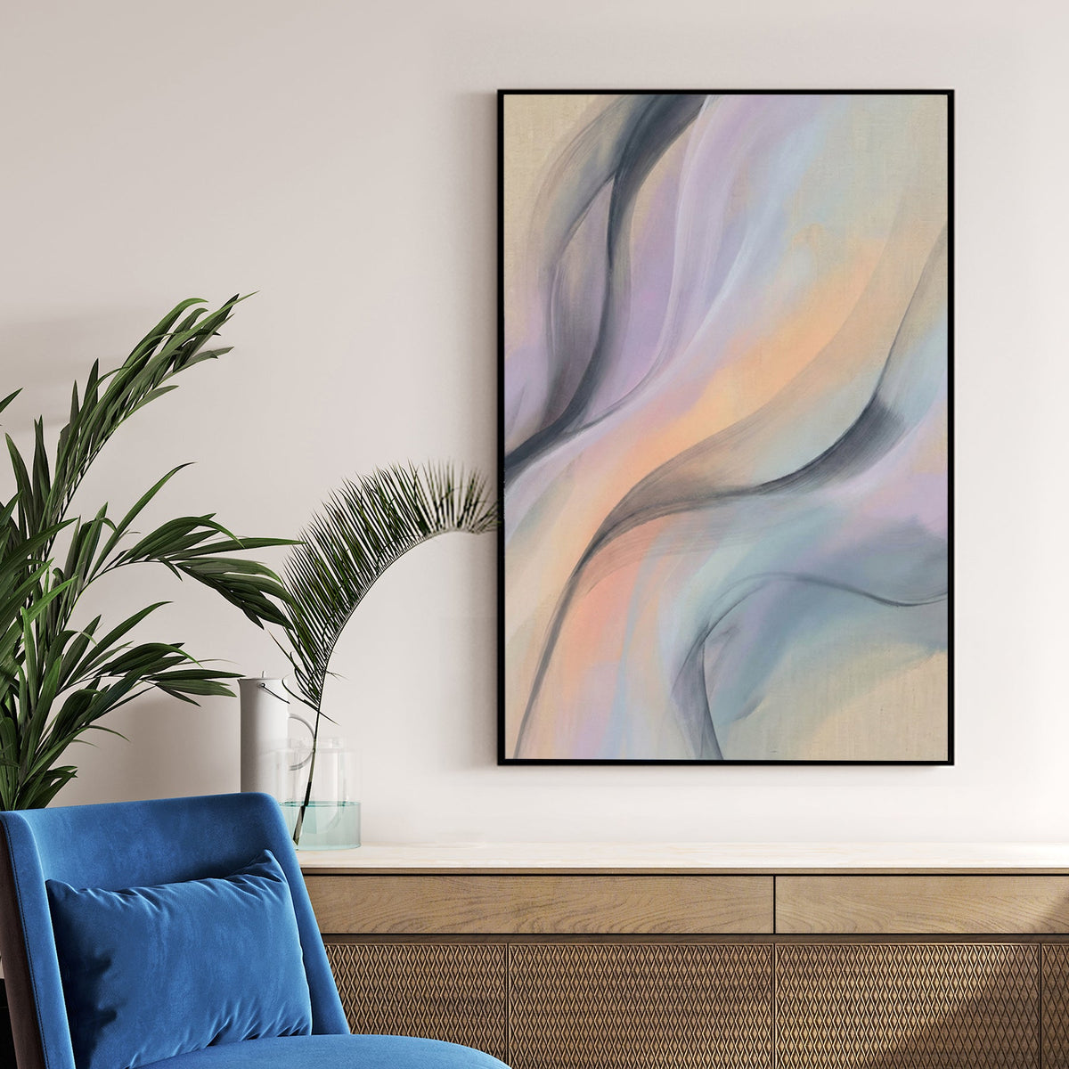 Abstract wall art featuring flowing lavender, peach, and charcoal waves on a beige background.