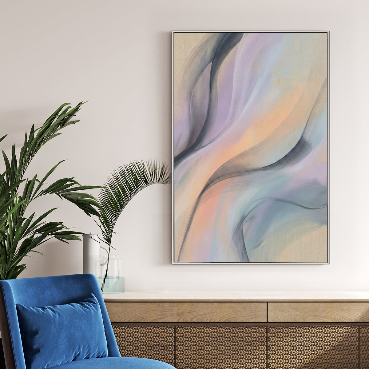 Abstract wall art featuring flowing lavender, peach, and charcoal waves on a beige background.