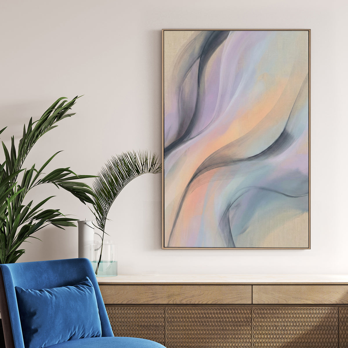 Abstract wall art featuring flowing lavender, peach, and charcoal waves on a beige background.