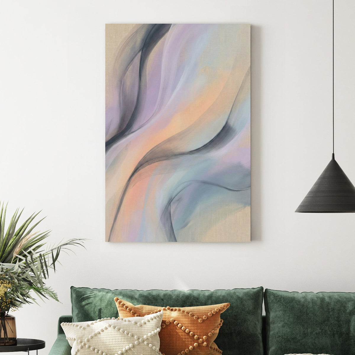 Abstract wall art featuring flowing lavender, peach, and charcoal waves on a beige background.
