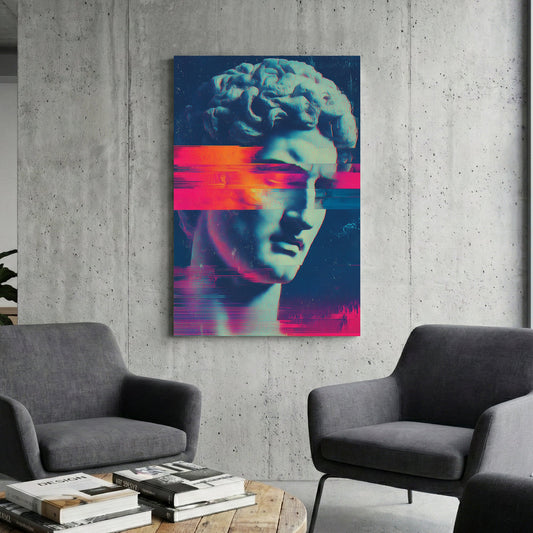 Michelangelo's David statue with neon pink and teal digital glitch effects wall art.