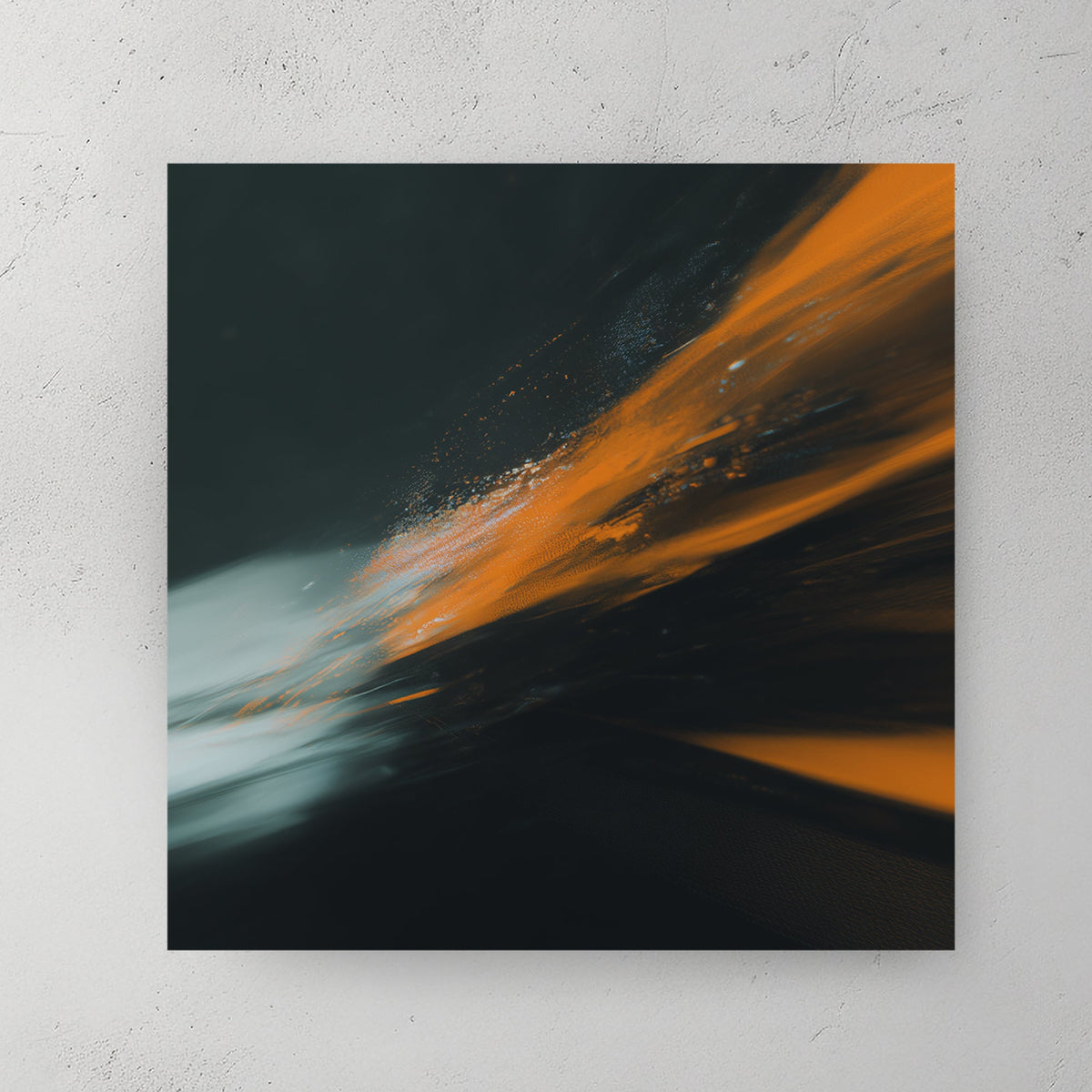 Abstract orange and teal light trails on black background wall art.