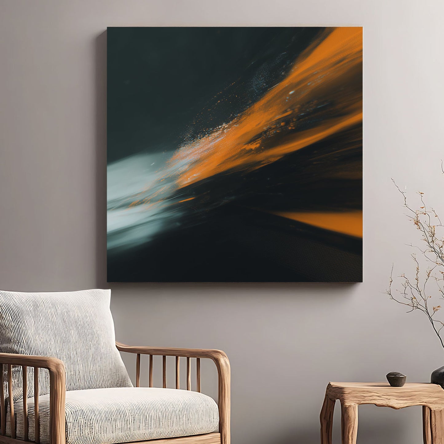 Abstract orange and teal light trails on black background wall art.