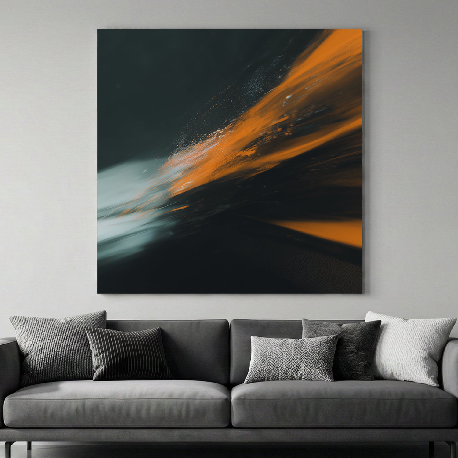 Abstract orange and teal light trails on black background wall art.