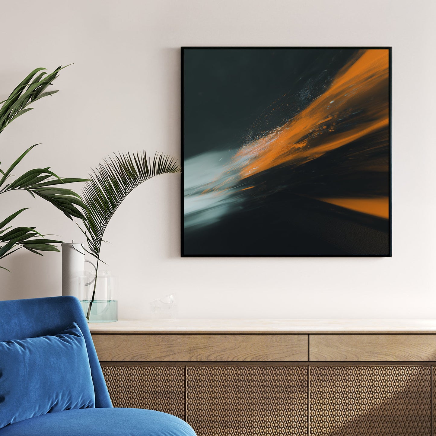 Abstract orange and teal light trails on black background wall art.