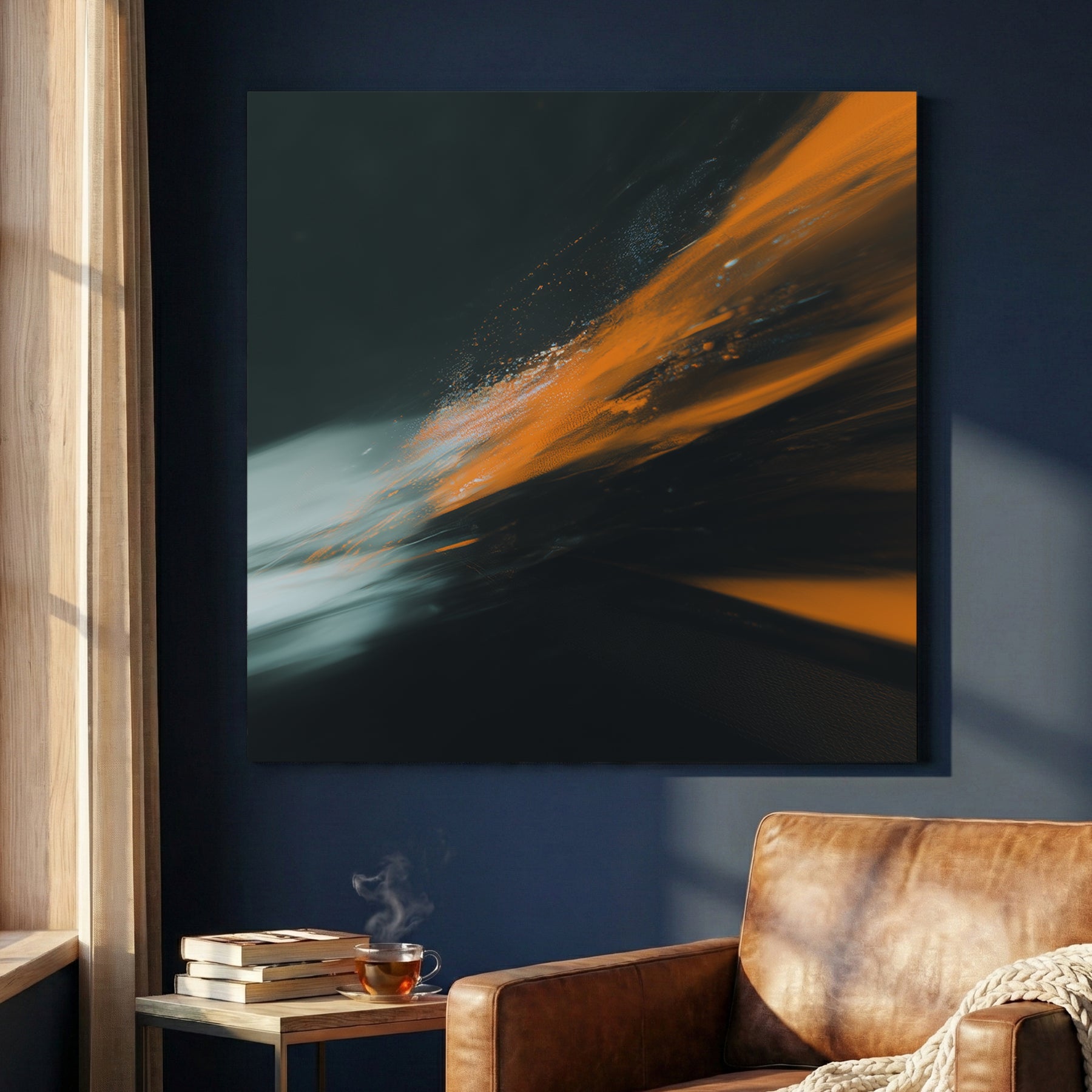 Abstract orange and teal light trails on black background wall art.