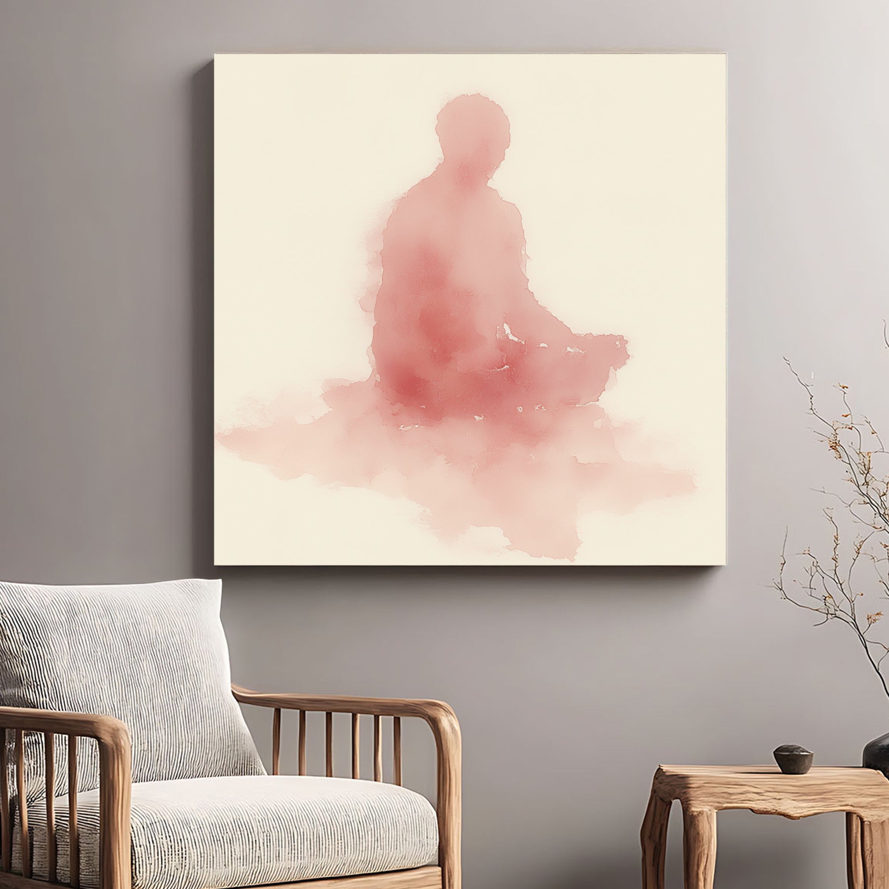 Minimalist pink watercolour Meditating Buddha wall art in a lotus pose on cream background.