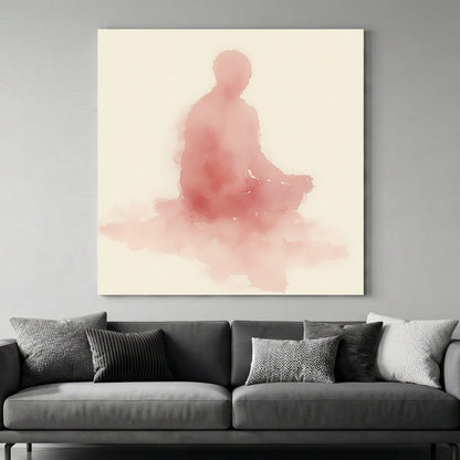 Minimalist pink watercolour Meditating Buddha wall art in a lotus pose on cream background.